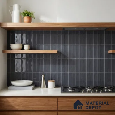 Modern Kitchen with Glossy Charcoal Vertical Subway Backsplash Tile and Walnut Cabinets