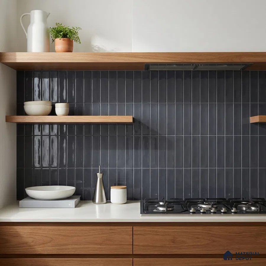 Modern Kitchen with Glossy Charcoal Vertical Subway Backsplash Tile and Walnut Cabinets