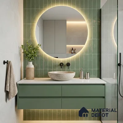 Modern Bathroom with Glossy Sage Green Vertical Subway Accent Tile and Stone Vessel Basin