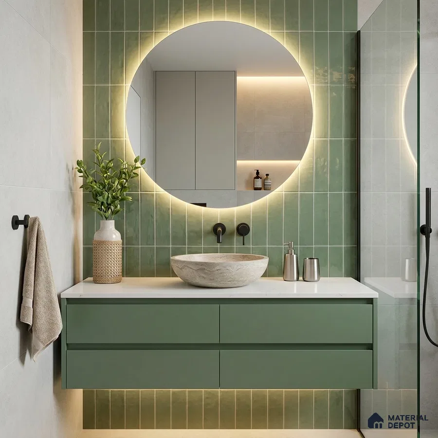Modern Bathroom with Glossy Sage Green Vertical Subway Accent Tile and Stone Vessel Basin