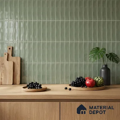 Modern Kitchen with Glossy Sage Green Vertical Subway Backsplash Tile and Oak Cabinets