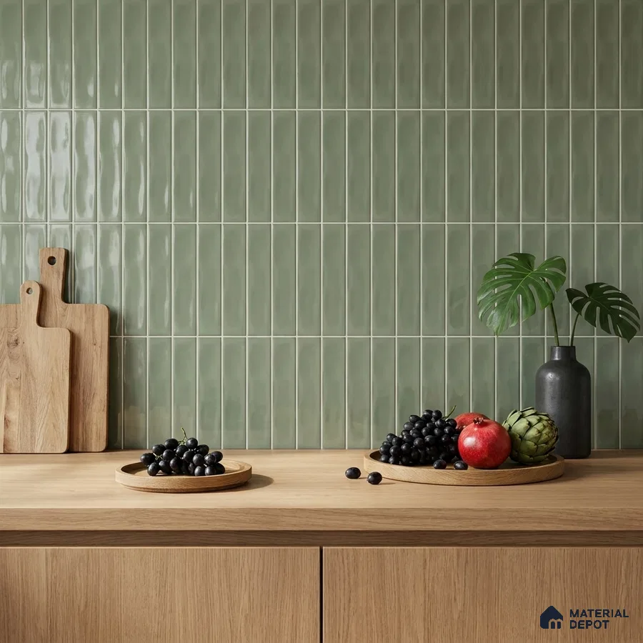Modern Kitchen with Glossy Sage Green Vertical Subway Backsplash Tile and Oak Cabinets