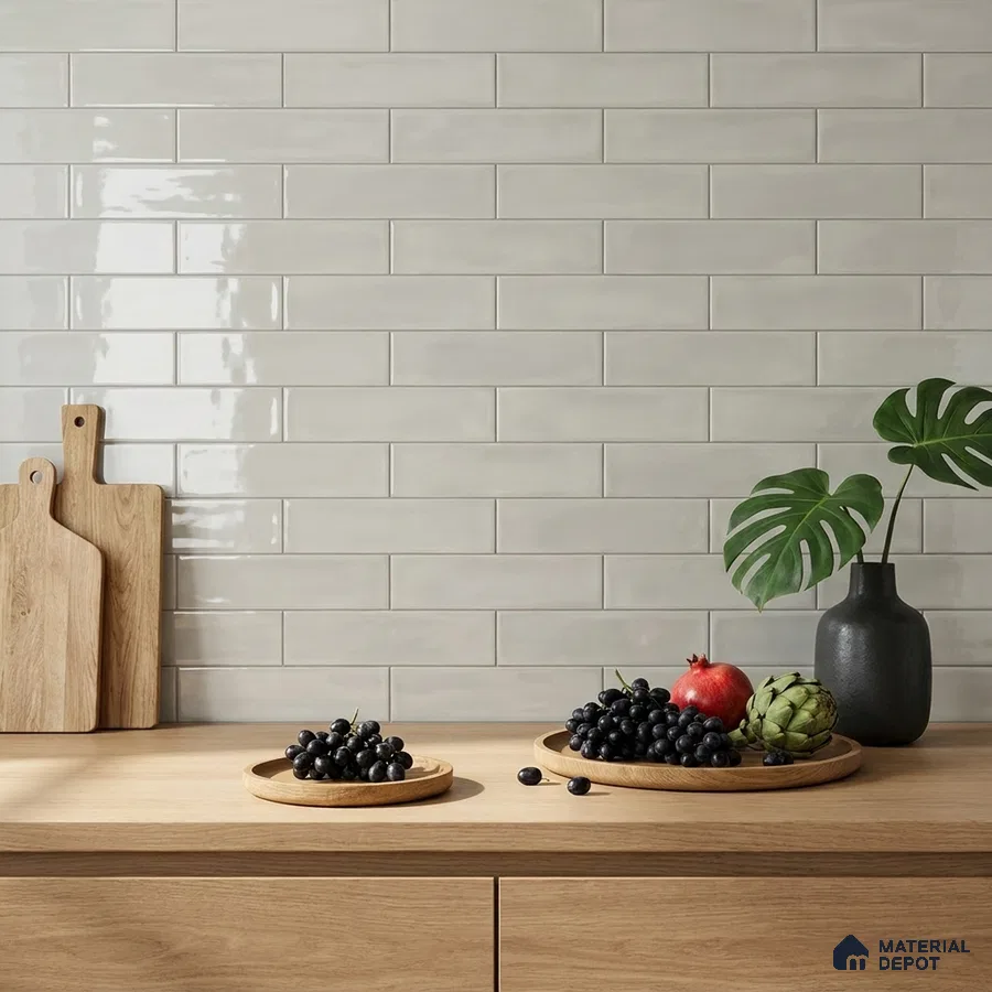 Modern Kitchen with Glossy Light Grey Horizontal Subway Backsplash Tile and Oak Counter