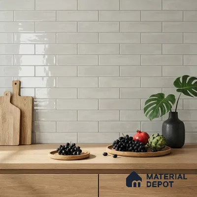 Modern Kitchen with Glossy Light Grey Horizontal Subway Backsplash Tile and Oak Counter