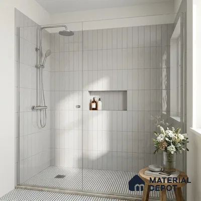 Modern Bathroom with Glossy Light Grey Vertical Subway Shower Tile and Penny Mosaic Floor