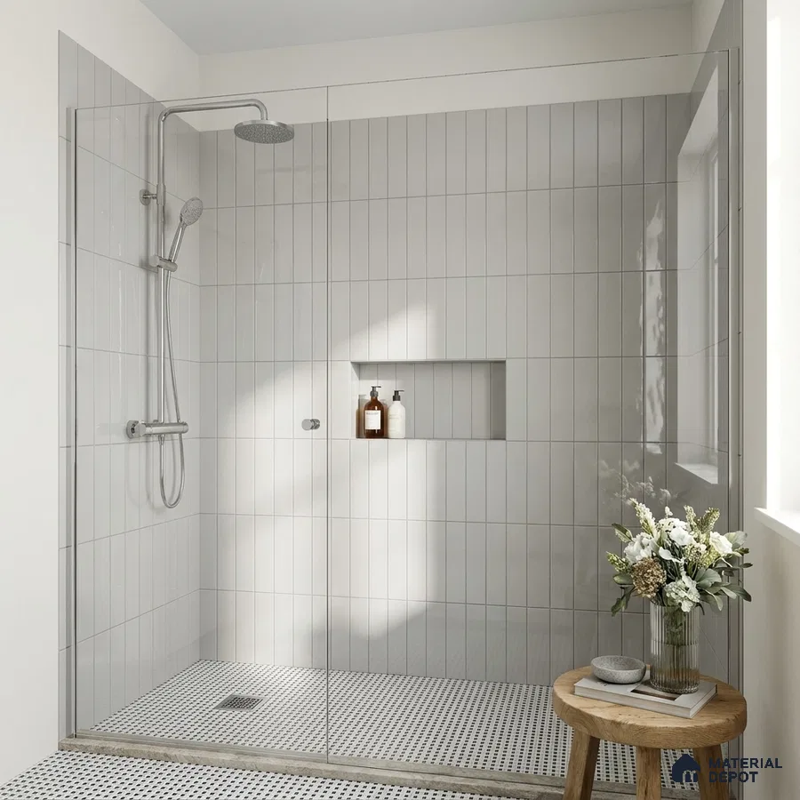 Modern Bathroom with Glossy Light Grey Vertical Subway Shower Tile and Penny Mosaic Floor