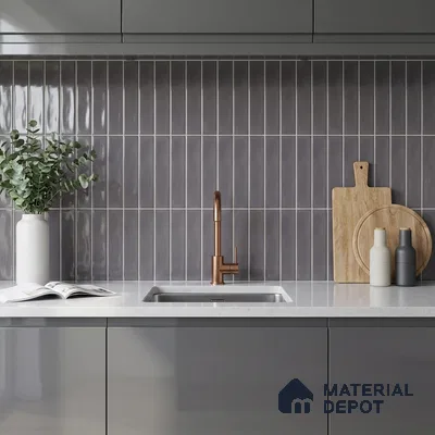 Modern Kitchen with Glossy Stormy Grey Vertical Subway Backsplash Tile and Grey Cabinets