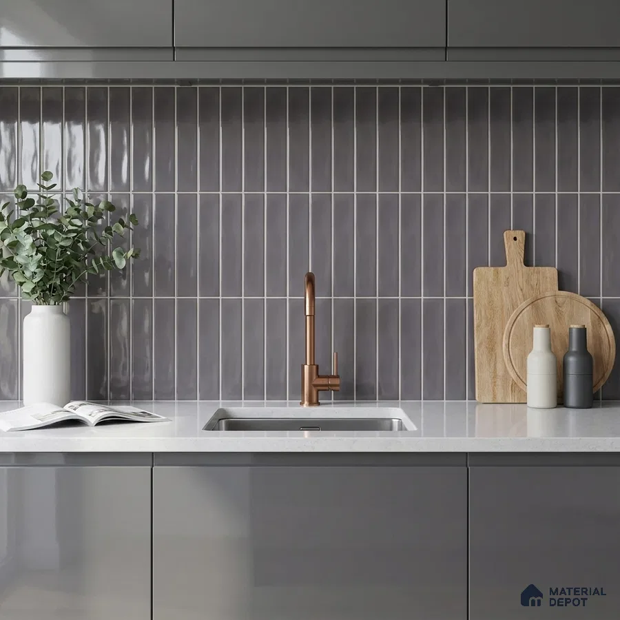 Modern Kitchen with Glossy Stormy Grey Vertical Subway Backsplash Tile and Grey Cabinets