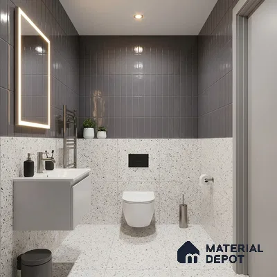 Modern Bathroom with Glossy Dark Grey Vertical Subway Tile and Terrazzo Wall