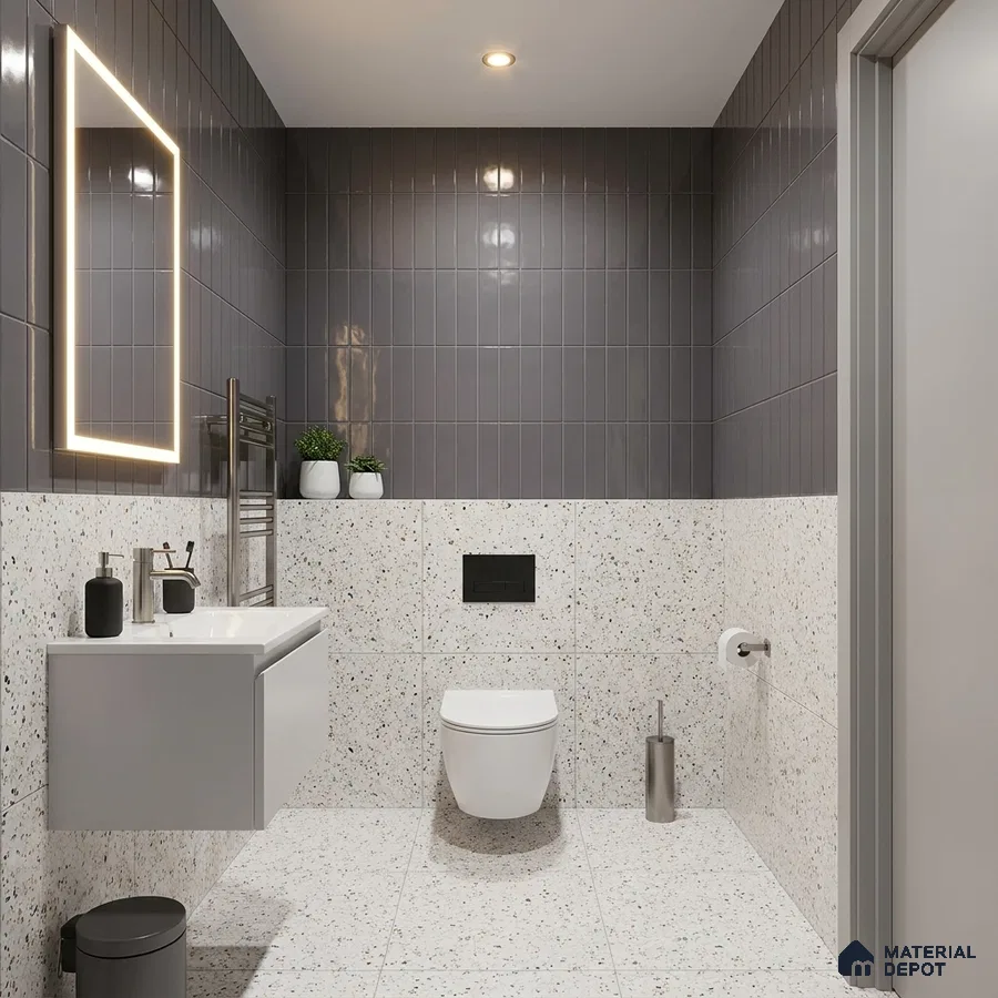 Modern Bathroom with Glossy Dark Grey Vertical Subway Tile and Terrazzo Wall