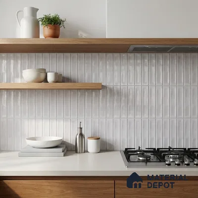 Modern Kitchen with Glossy Dove Grey Vertical Subway Backsplash Tile and Oak Cabinets