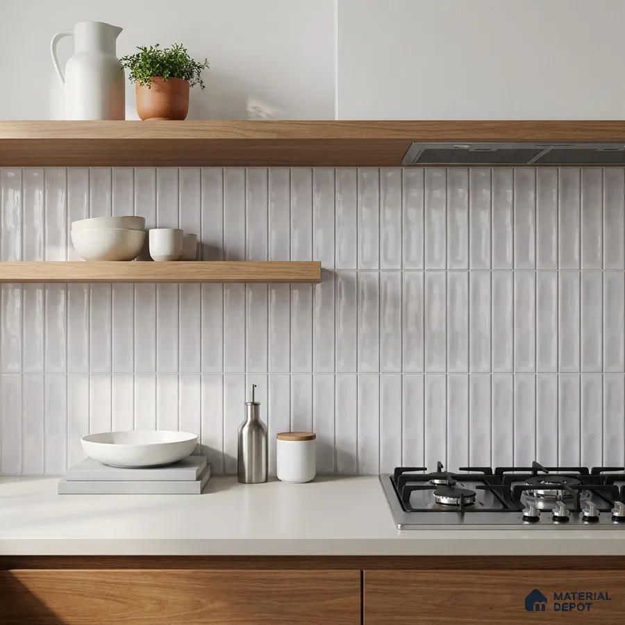 Modern Kitchen with Glossy Dove Grey Vertical Subway Backsplash Tile and Oak Cabinets