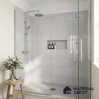 Modern Bathroom with Glossy Dove Grey Vertical Subway Shower Tile and Penny Mosaic Floor