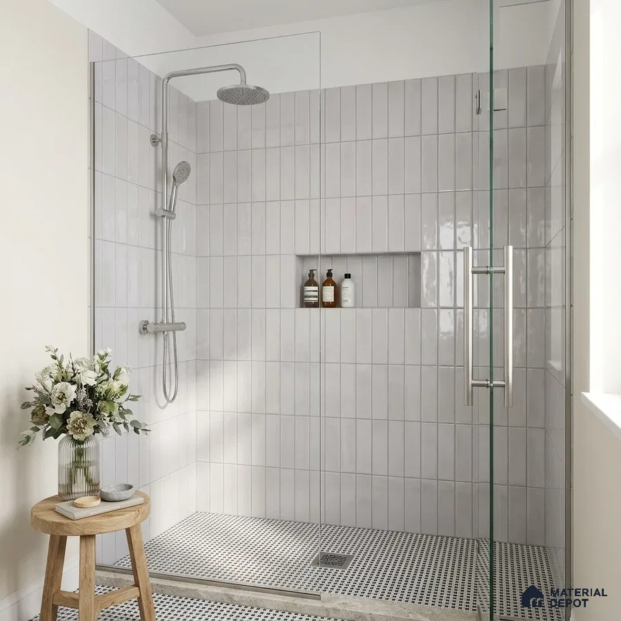 Modern Bathroom with Glossy Dove Grey Vertical Subway Shower Tile and Penny Mosaic Floor