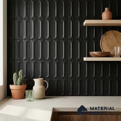 Modern Kitchen with Black 3D Capsule Relief Backsplash Tile and Oak Shelves