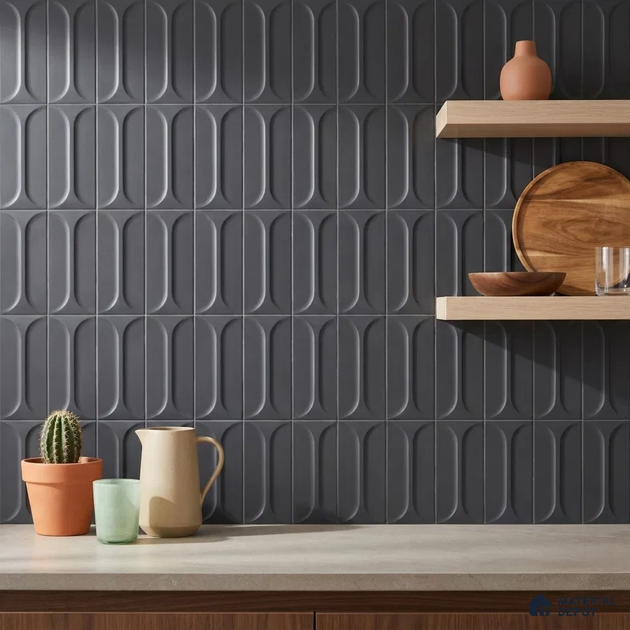 Modern Kitchen with Charcoal Grey Capsule Relief Backsplash Tile and Oak Shelves