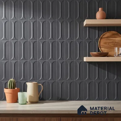 Modern Kitchen with Charcoal Grey Capsule Relief Backsplash Tile and Oak Shelves