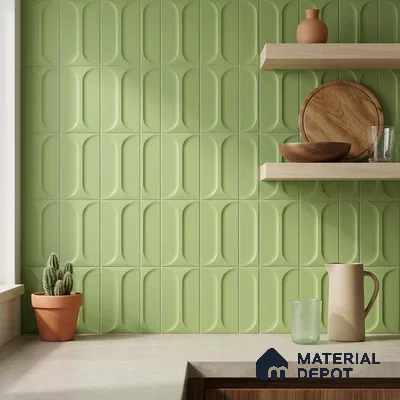 Modern Kitchen with Olive Green Capsule Relief Backsplash Tile and Oak Shelves