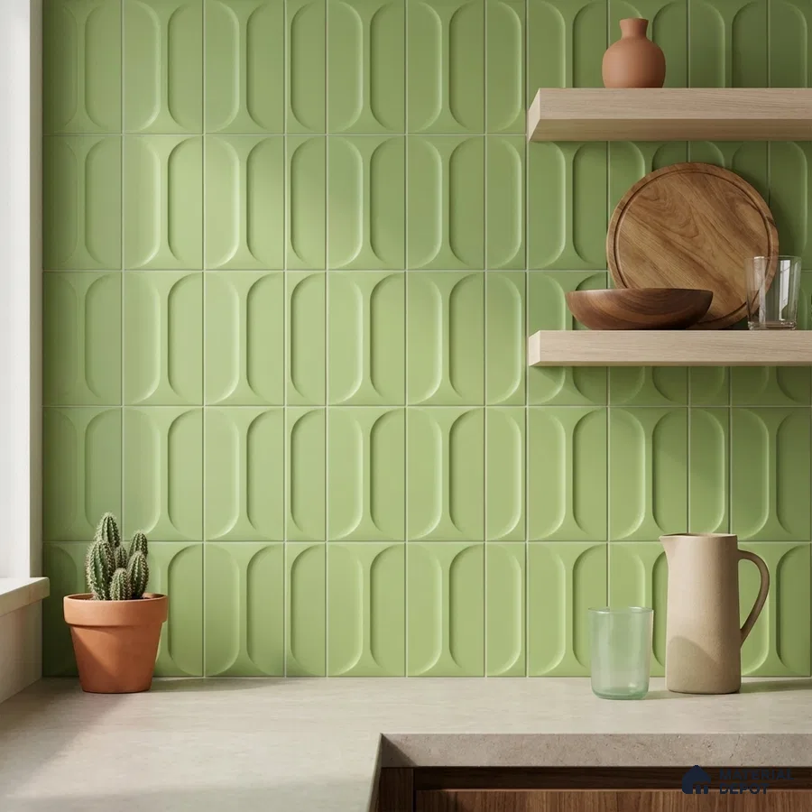 Modern Kitchen with Olive Green Capsule Relief Backsplash Tile and Oak Shelves