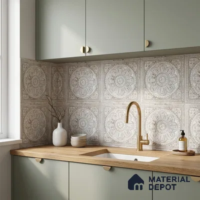 Scandinavian kitchen with sage green laminate cabinets, oak wood countertop, and ornate patterned backsplash tiles