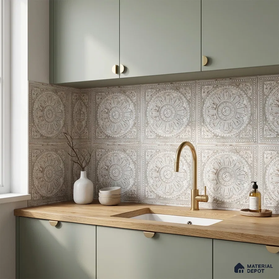 Scandinavian kitchen with sage green laminate cabinets, oak wood countertop, and ornate patterned backsplash tiles