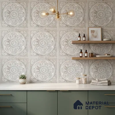 Modern kitchen with sage green laminate cabinets, white quartz countertop, and ornate patterned wall tiles