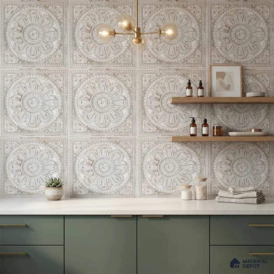 Modern kitchen with sage green laminate cabinets, white quartz countertop, and ornate patterned wall tiles
