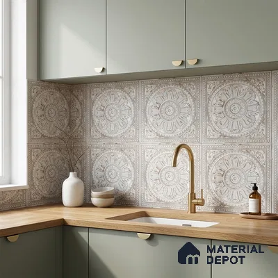 Scandinavian kitchen with sage green laminate cabinets, oak wood countertop, and patterned medallion backsplash tiles
