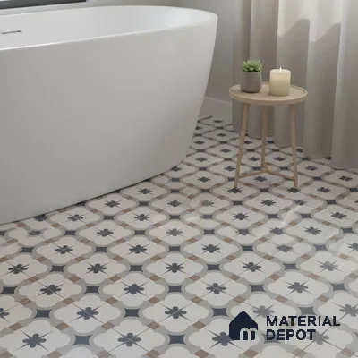 Modern bathroom with patterned geometric floor tiles and freestanding tub