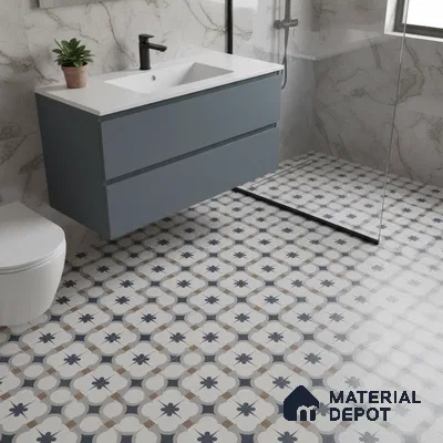 Modern bathroom with marble wall tiles, blue floating vanity, and patterned geometric floor tiles