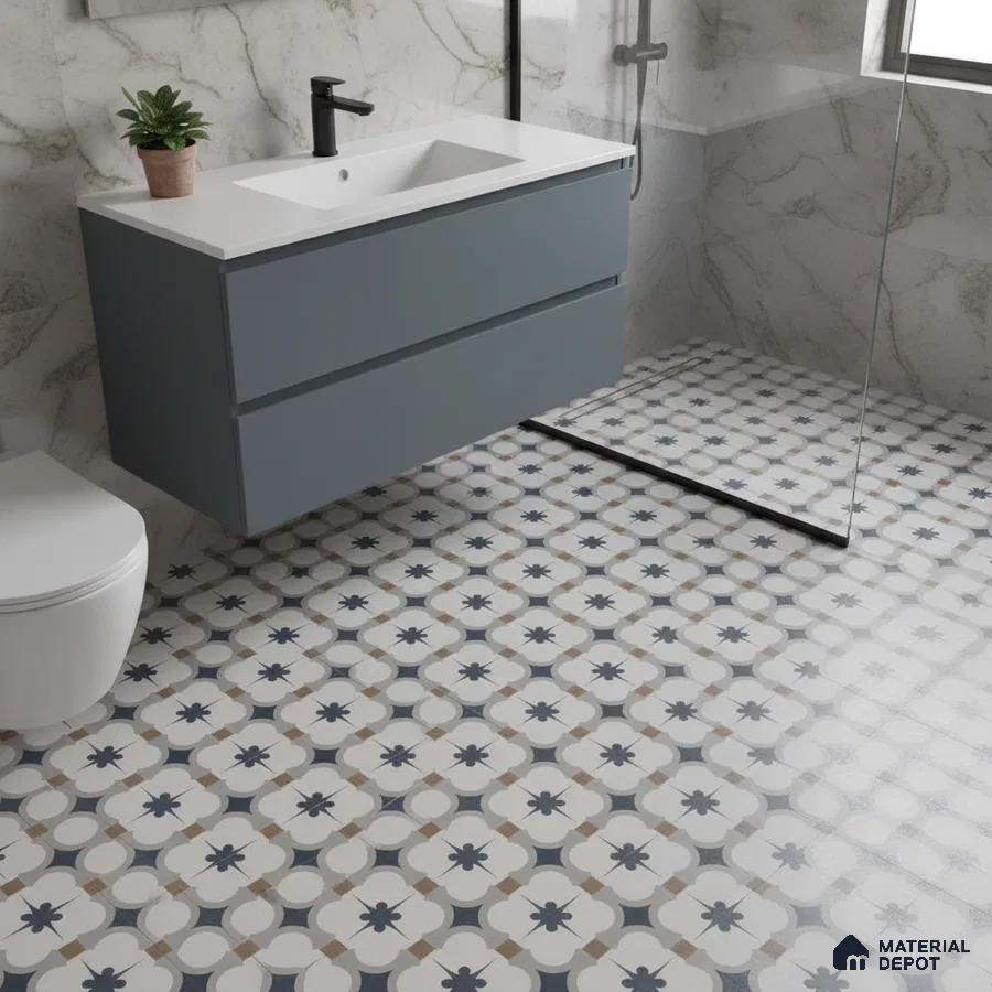 Modern bathroom with marble wall tiles, blue floating vanity, and patterned geometric floor tiles