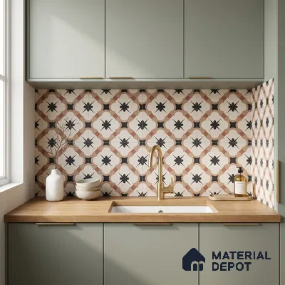 Scandinavian kitchen with sage green laminate cabinets, patterned moroccan backsplash tile, and wood countertop