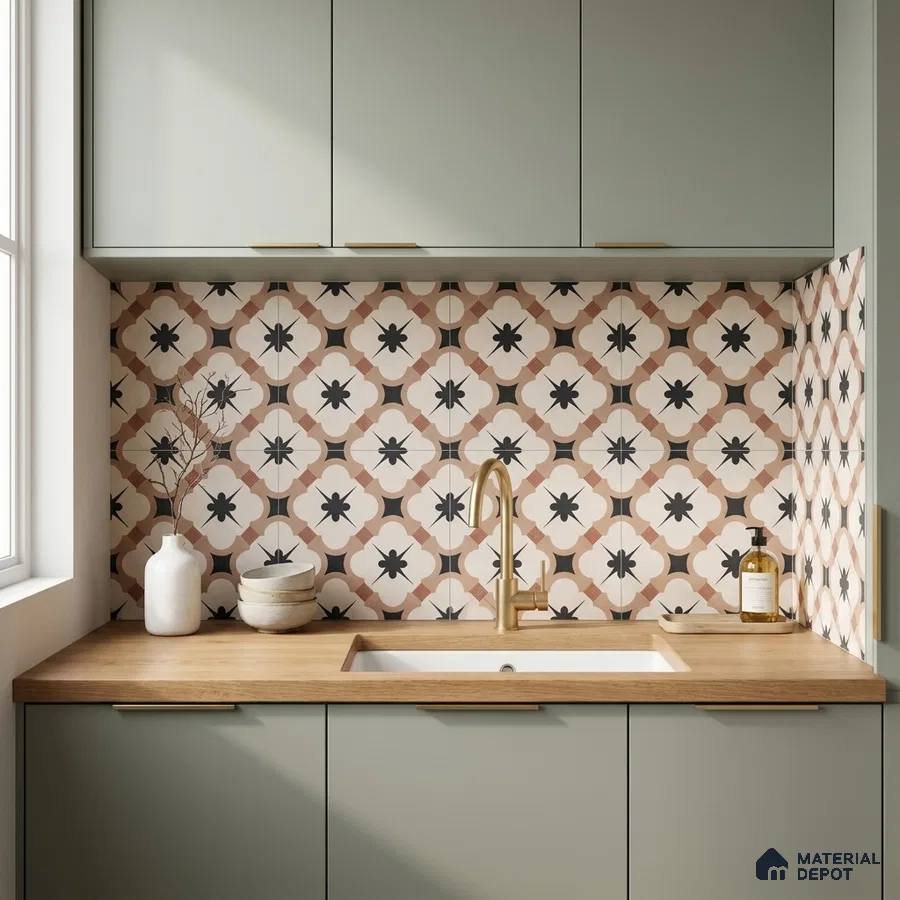 Scandinavian kitchen with sage green laminate cabinets, patterned moroccan backsplash tile, and wood countertop
