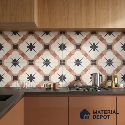 Modern kitchen with terracotta laminate cabinets, oak wood laminate shutters, and geometric patterned backsplash tiles