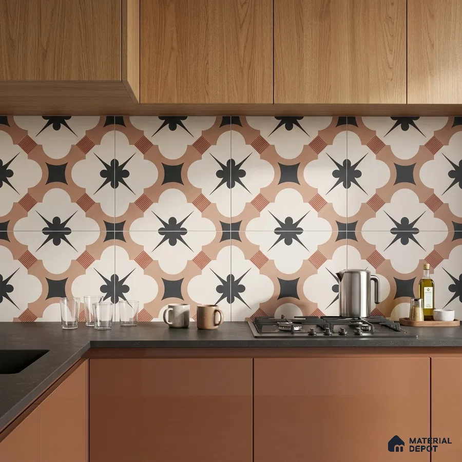 Modern kitchen with terracotta laminate cabinets, oak wood laminate shutters, and geometric patterned backsplash tiles