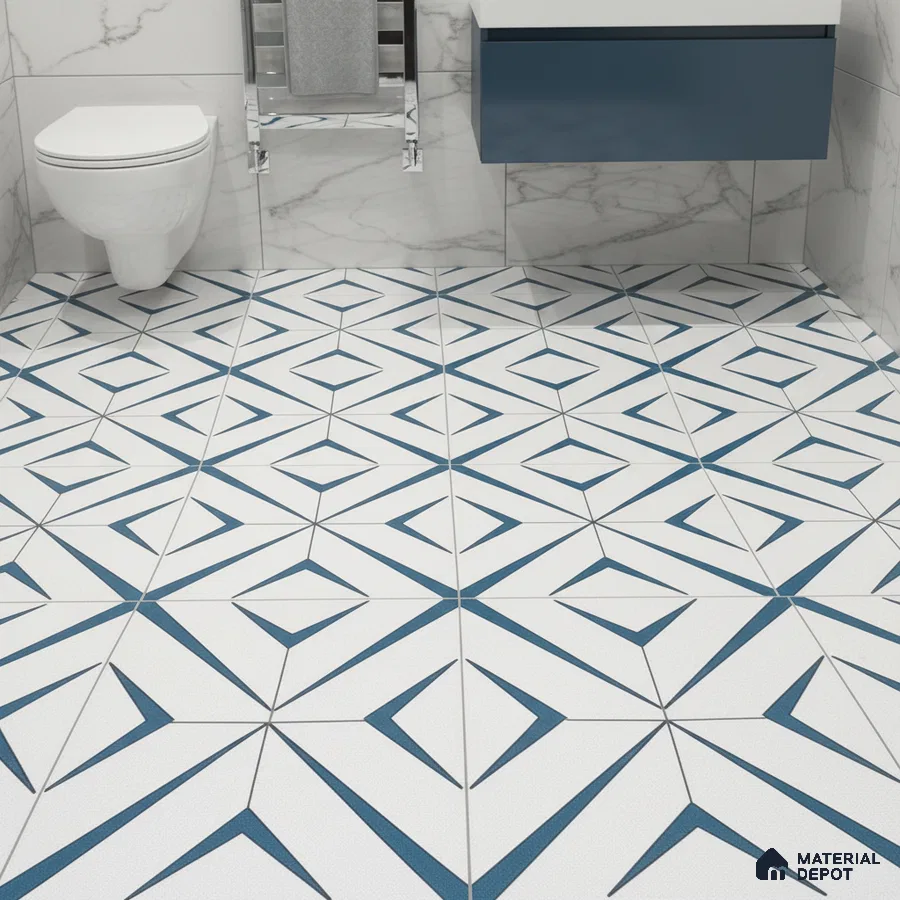 Modern bathroom with marble wall tiles and blue geometric patterned floor tiles