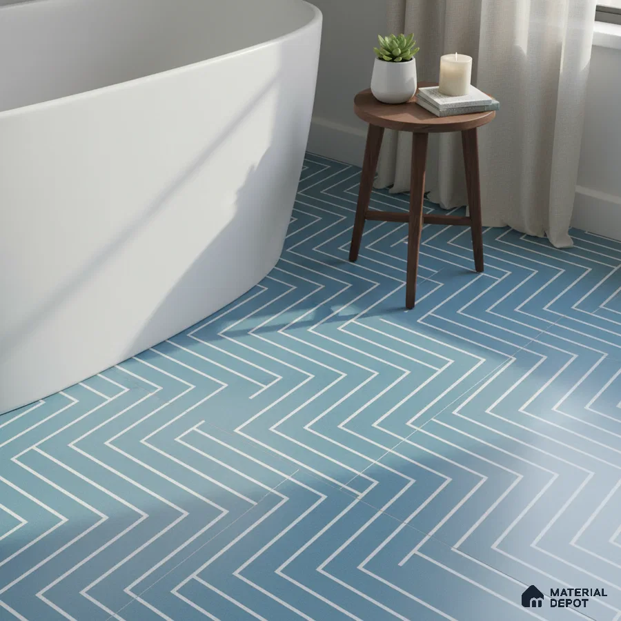 Modern bathroom with blue geometric zigzag floor tiles and freestanding tub