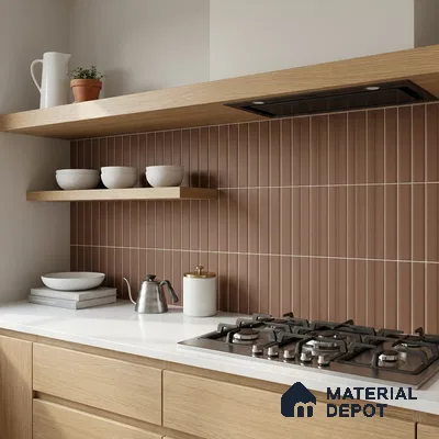 Modern Kitchen with Caramel Brown Finger Mosaic Backsplash Tile and Oak Cabinets
