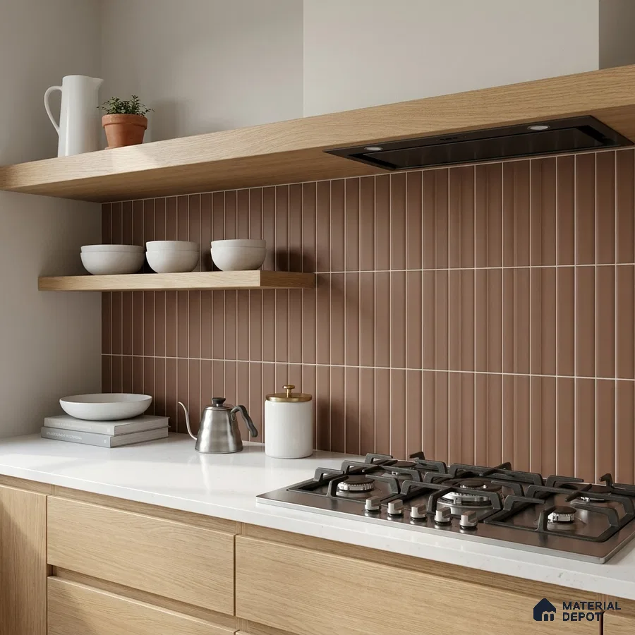 Modern Kitchen with Caramel Brown Finger Mosaic Backsplash Tile and Oak Cabinets