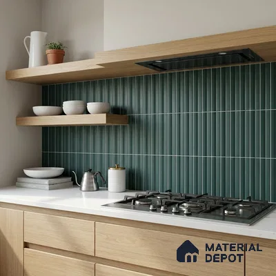 Modern Kitchen with Forest Green Finger Mosaic Backsplash Tile and Oak Cabinets