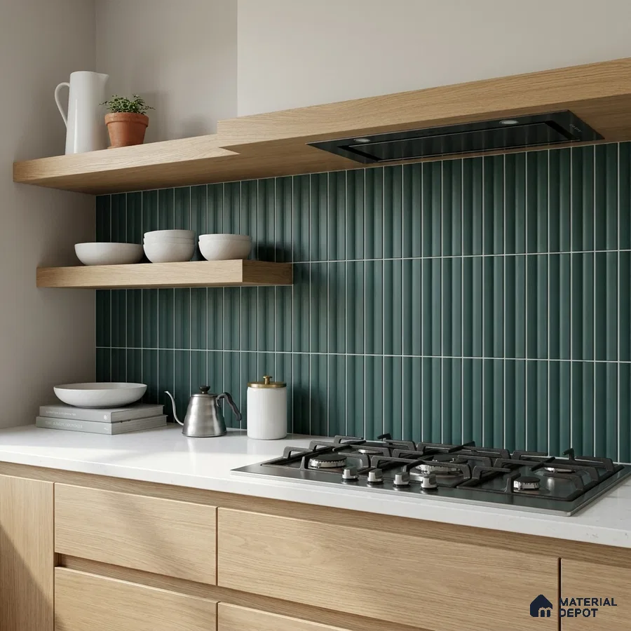 Modern Kitchen with Forest Green Finger Mosaic Backsplash Tile and Oak Cabinets