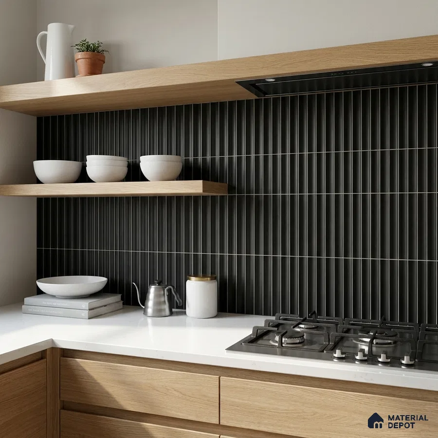 Modern Kitchen with Matte Black Finger Mosaic Backsplash Tile and Oak Cabinets