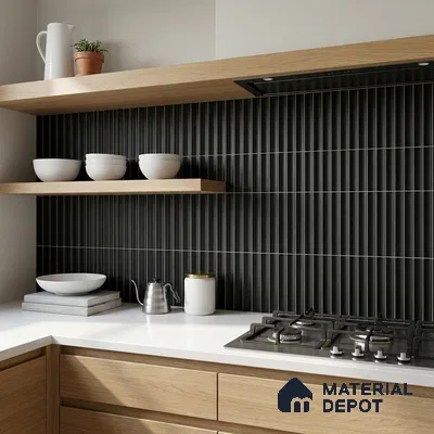 Modern Kitchen with Matte Black Finger Mosaic Backsplash Tile and Oak Cabinets