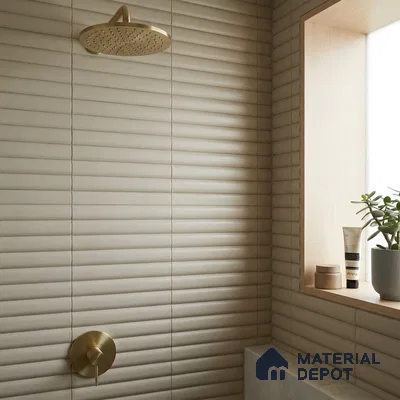 Japandi Bathroom with Greige Stacked Wall Tile and Brass Shower Fixtures