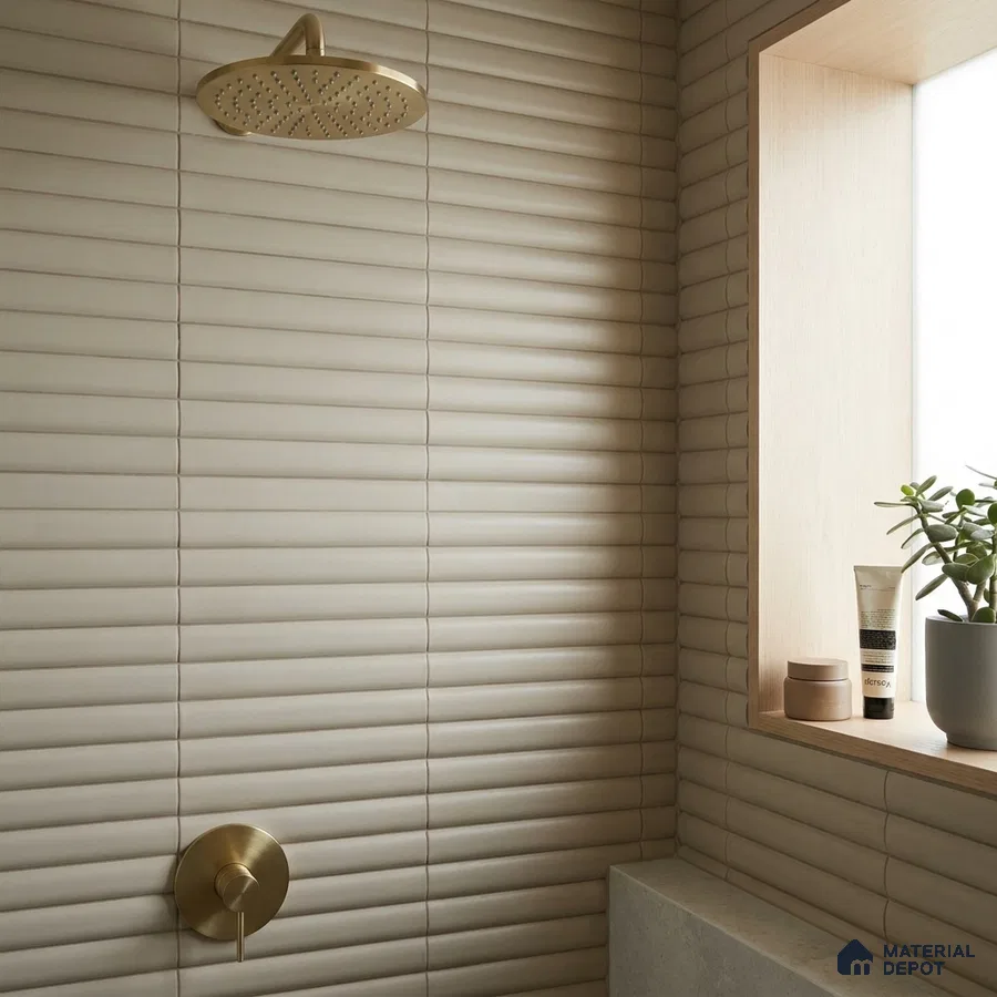 Japandi Bathroom with Greige Stacked Wall Tile and Brass Shower Fixtures
