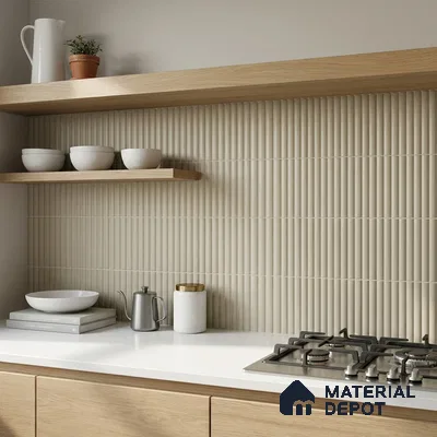 Modern Kitchen with Greige Finger Mosaic Backsplash Tile and Oak Cabinets