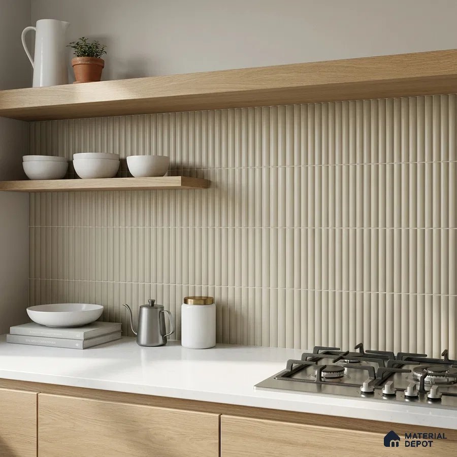 Modern Kitchen with Greige Finger Mosaic Backsplash Tile and Oak Cabinets