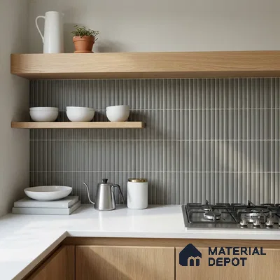 Modern Kitchen with Sage Grey Finger Mosaic Backsplash Tile and Oak Cabinets