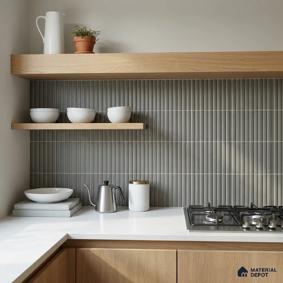 Modern Kitchen with Sage Grey Finger Mosaic Backsplash Tile and Oak Cabinets