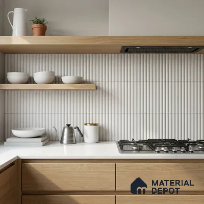 Scandinavian Kitchen with Frosty White Finger Mosaic Backsplash Tile and Oak Cabinets